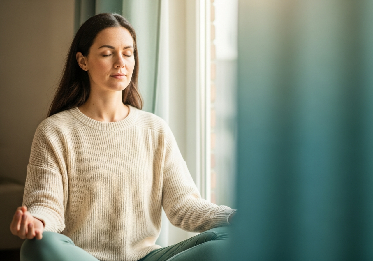 A mum sitting in a calm, comfortable position practising diaphragmatic breathing exercises after birth